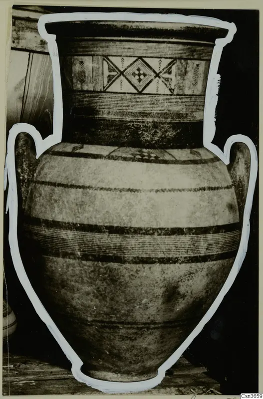 Pottery Bichrome IV amphora-crater S.17.1, a two-handled jar with dark bands and a diamond motif on the neck