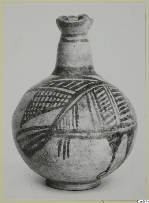 Jug with a globular body, tall neck and lobed rim, decorated with dark painted bands and hatched panels