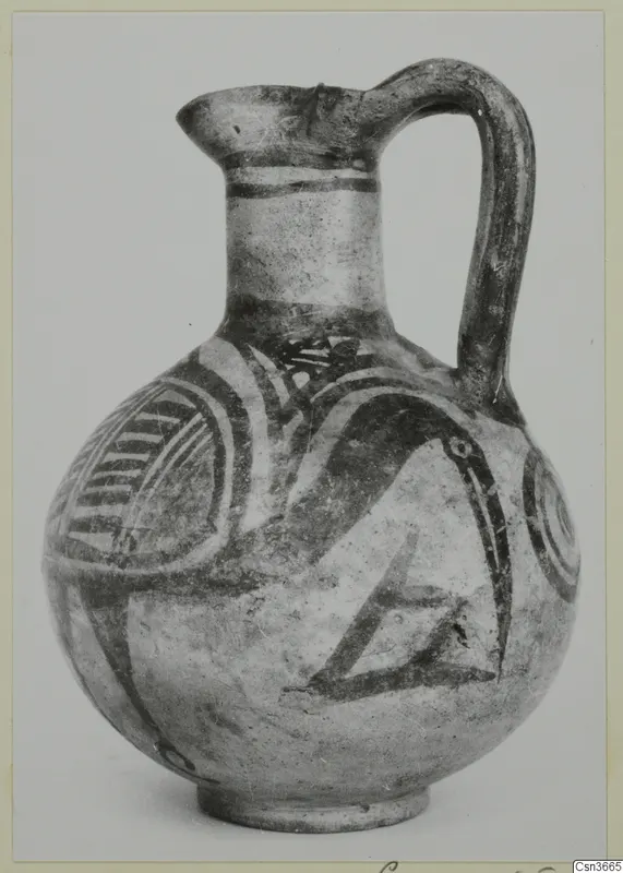 Pottery Bichrome IV jug with a single handle and dark painted bands and motifs on a pale body