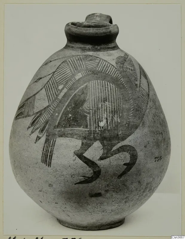 Globular pottery jug with dark hatched panels and curving painted motifs on its body.