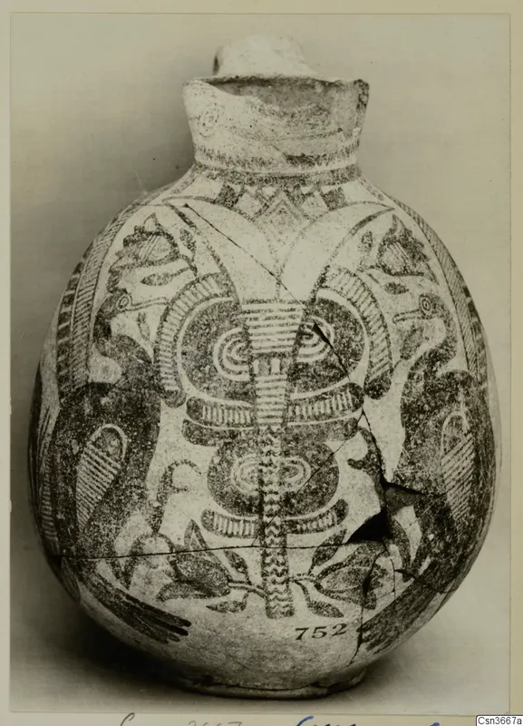 Painted jug, Pottery Bichrome IV, with spiral and hatched motifs on a rounded body