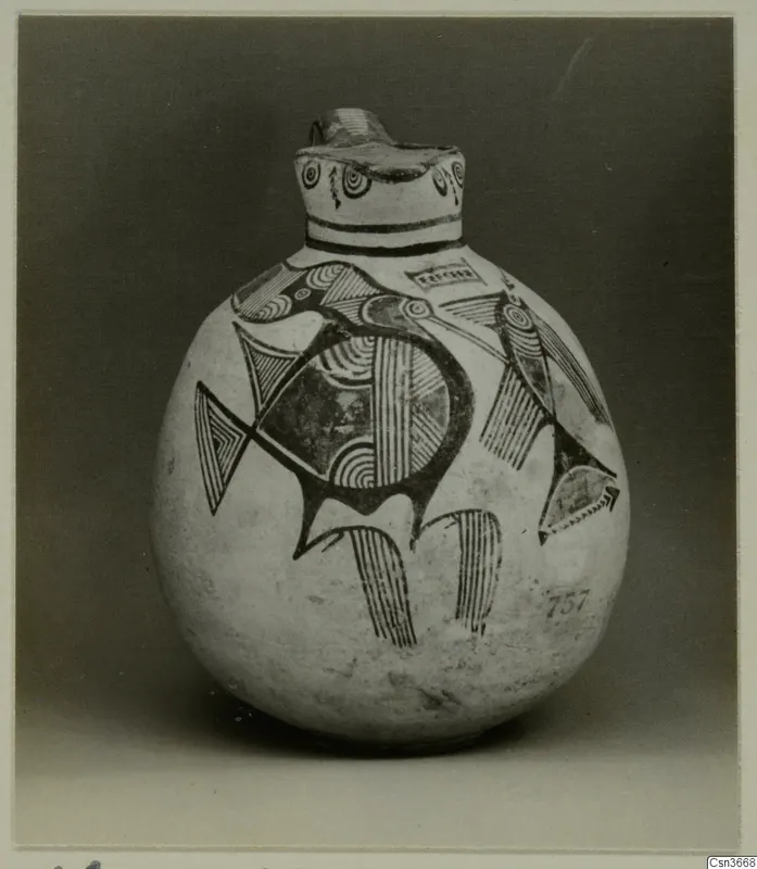 Pottery Bichrome IV jug with painted birds and bands, photographed against a grey backdrop