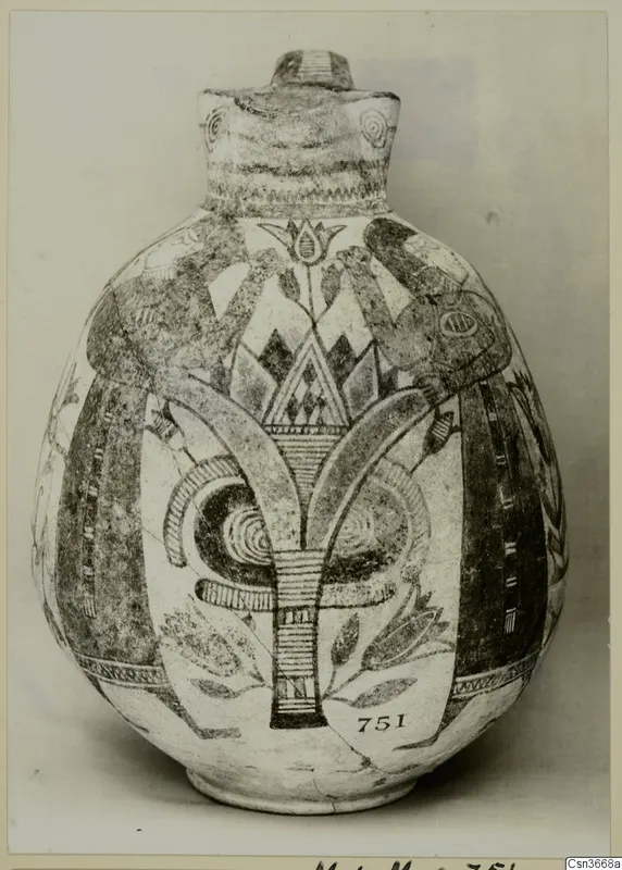 Painted Bichrome IV jug with a central stylised plant motif, spirals and banded decoration.
