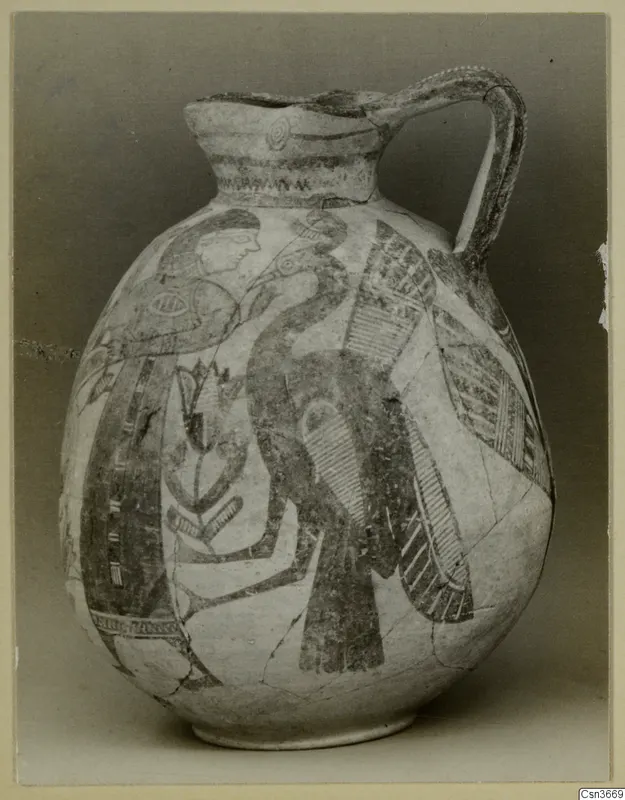 Bichrome IV jug with painted decoration showing a human head in profile and a long-necked bird with striped wings
