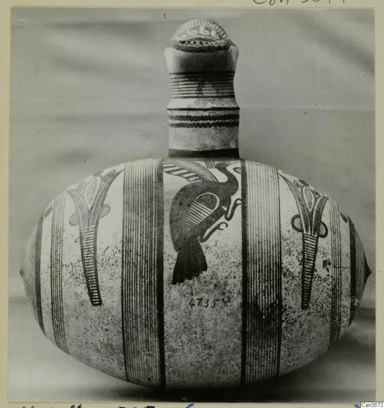 Pottery Bichrome IV jug with a tall neck, a dark bird-like motif and vertical striped bands on the body