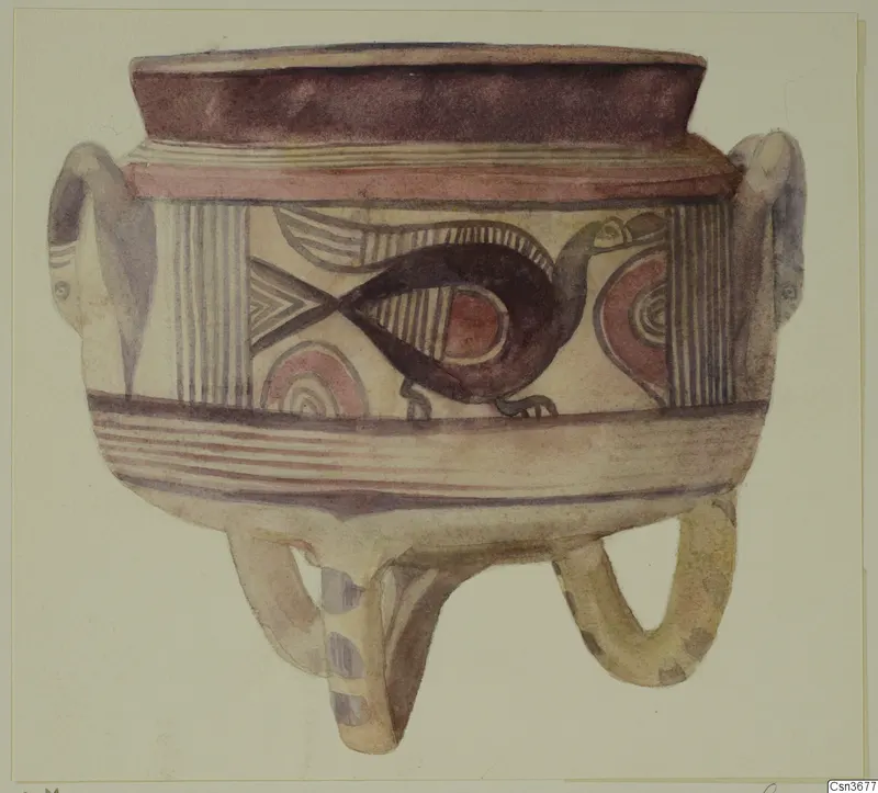 Watercolour drawing of a painted pottery jug on three loop feet, with a dark bird-like motif on the body