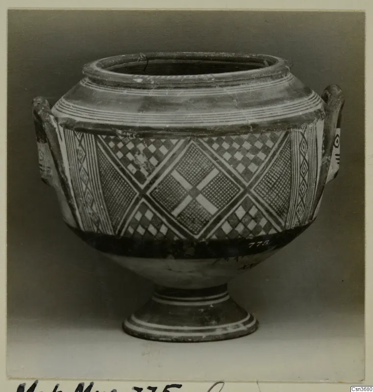 Pottery Bichrome IV vessel from the Metropolitan Museum, with two handles and painted geometric panels