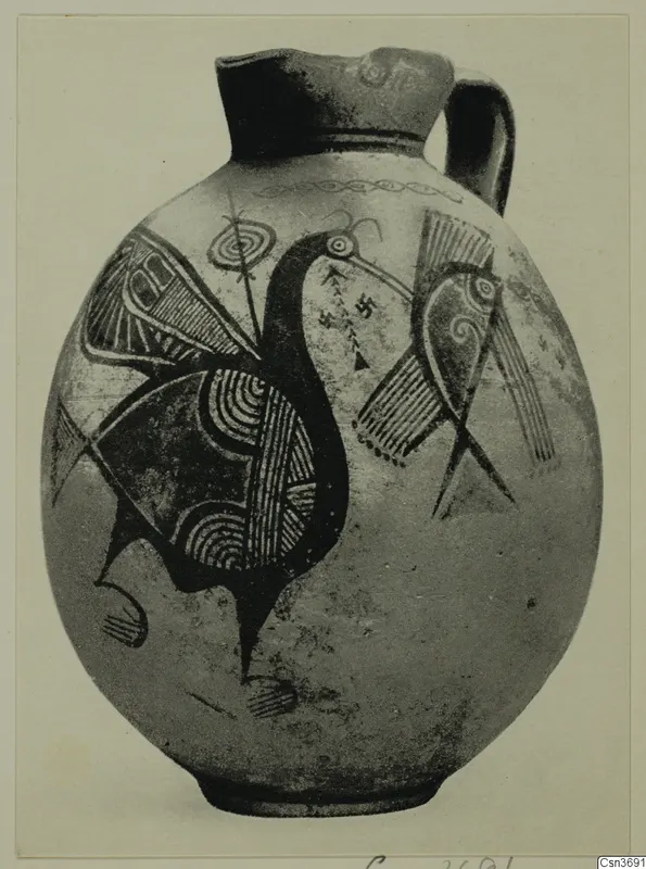 Globular jug with a tall neck and strap handle, decorated with two large painted birds, from Pottery Bichrome IV plate