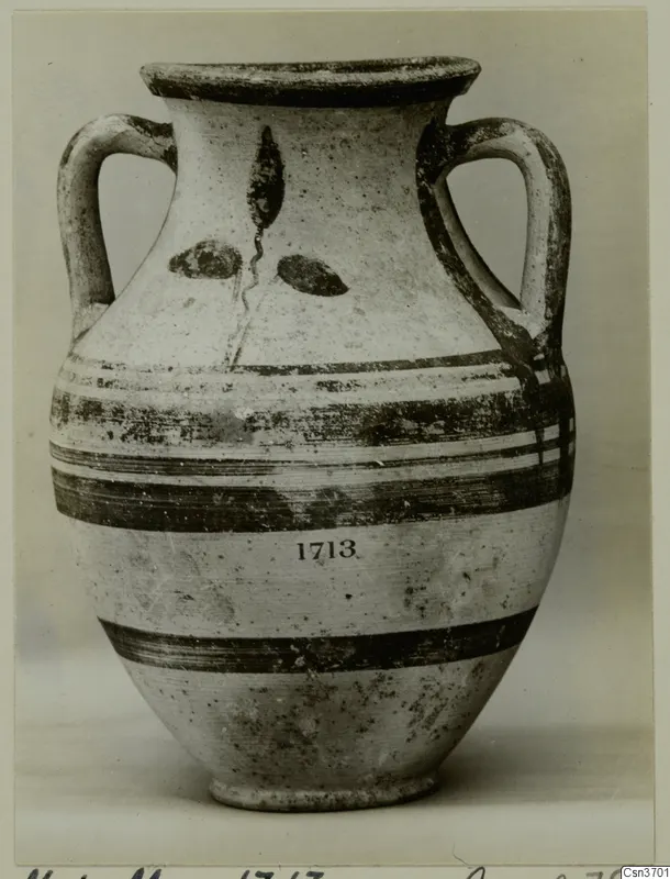Two-handled vessel with dark banded decoration and leaf-shaped motifs, Jonian Ware, labelled 1713