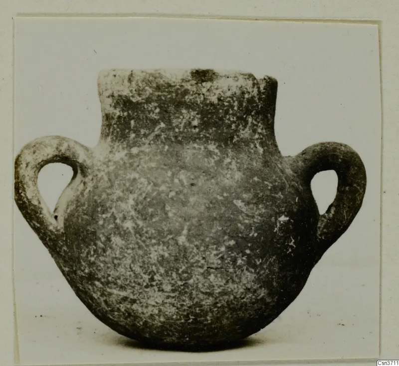 Coarse ware two-handled pot with a short neck and rounded body, photographed against a plain background.