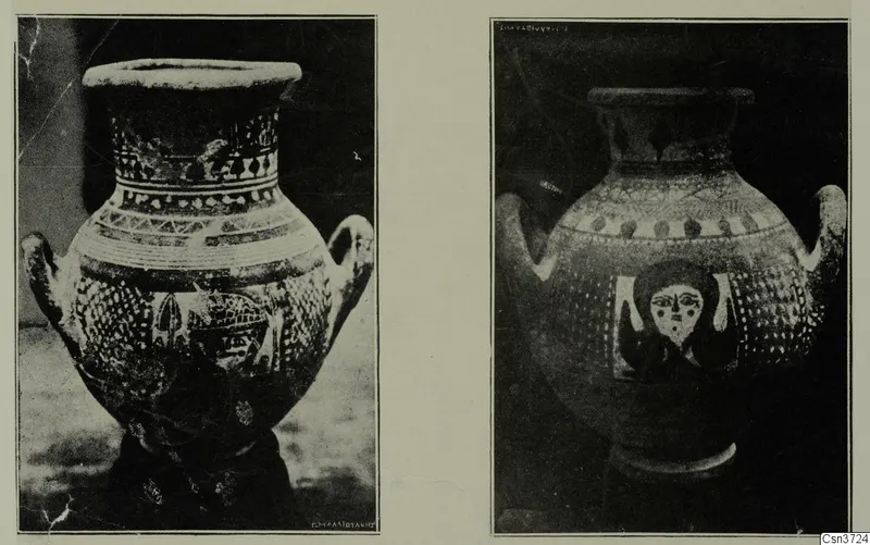 Two views of a painted two-handled jar with a face motif on its body, shown side by side on a card.