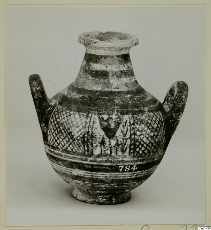 Painted pottery vessel with two loop handles, a flared neck and a diamond-lattice band on the body.