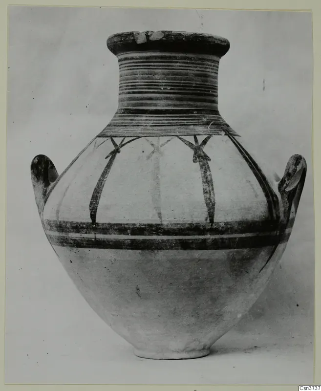 Pottery Bichrome V jar with two handles, a banded neck and dark painted bands on its body