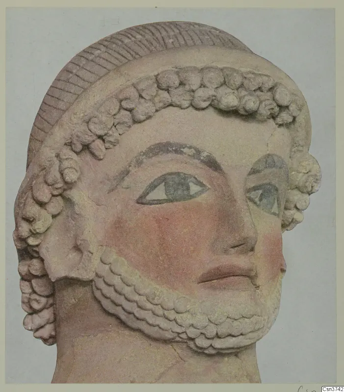 Head from a terracotta sculpture from Mersinaki, with rows of curls, a ridged cap and painted eyes and cheeks