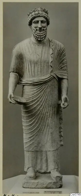 Limestone statue of a bearded standing man wearing a leaf wreath and holding a shallow bowl, from Arsos