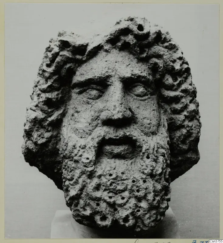 Bearded head in stone from Soli, seen from the front