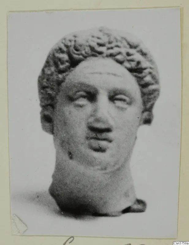 Head with tightly curled hair and a broad face, a minor plastic find shown in a photograph on a card mount.