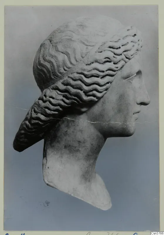 Stone head in profile facing right, with carved wavy hair bands and a long roll of hair falling behind the ear