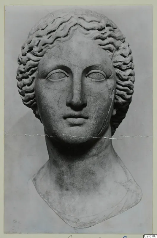 Sculpted stone head of a woman with wavy hair, shown as a bust with the shoulders