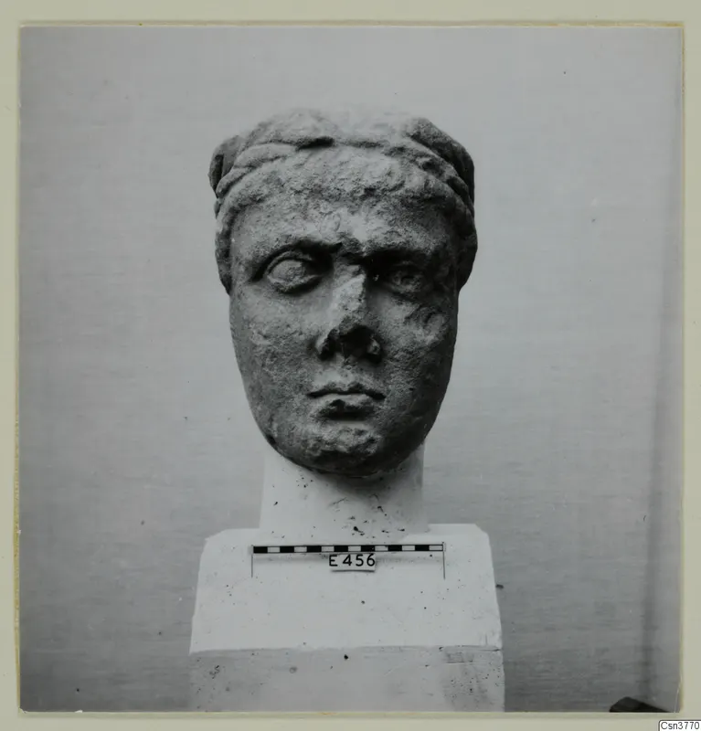Carved stone head from a statue, shown from the front on a white pedestal with a scale bar