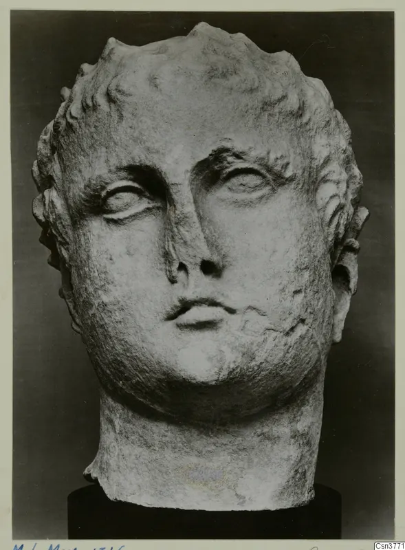 Marble head of a youth with curly hair, photographed against a dark background on a black base.
