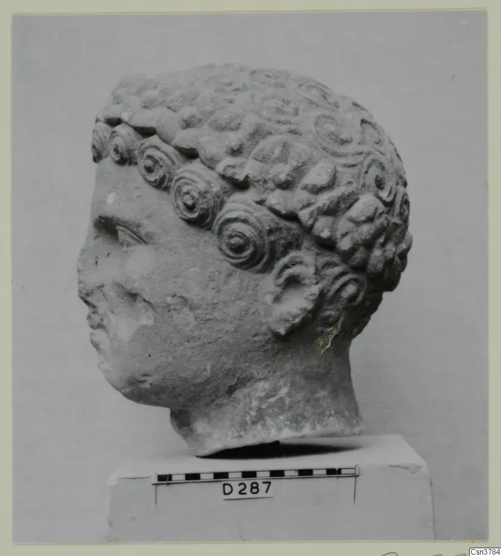 Stone head of a figure with rows of spiral curls, shown on a plinth with a scale bar.