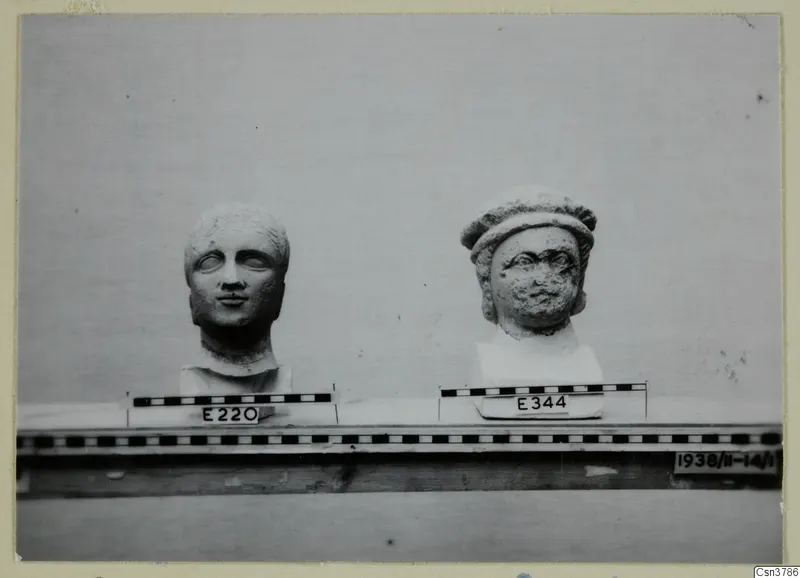 Two stone heads side by side on a wooden shelf, each in front of a scale bar and a number label