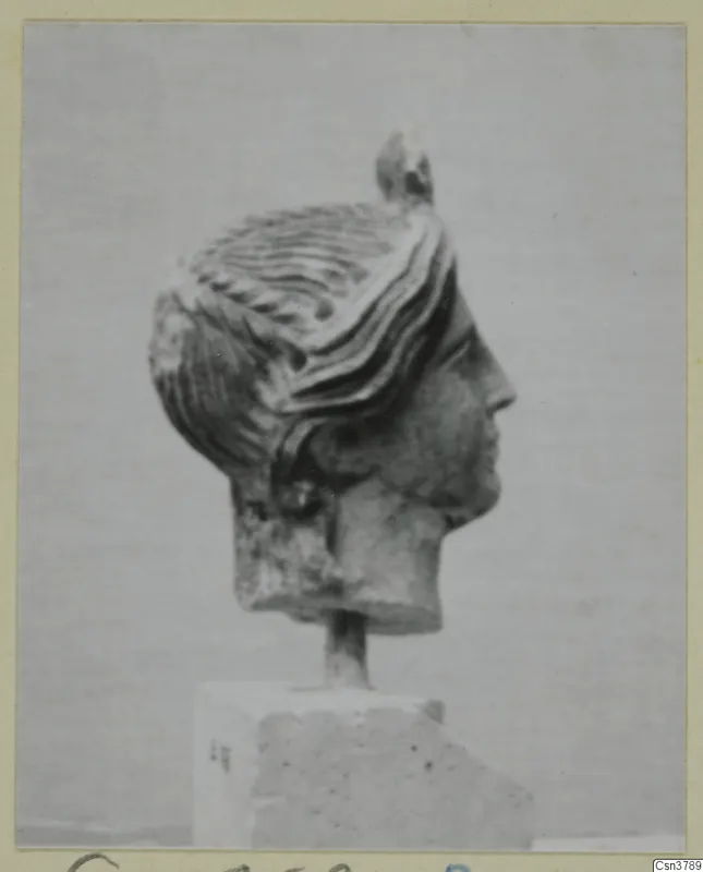 Sculpted stone head in profile, facing right, with ridged hair and a knot at the crown, on a stone block base