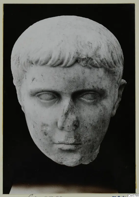 Roman sculpture: head in pale stone with short curled hair and a damaged nose, photographed against black