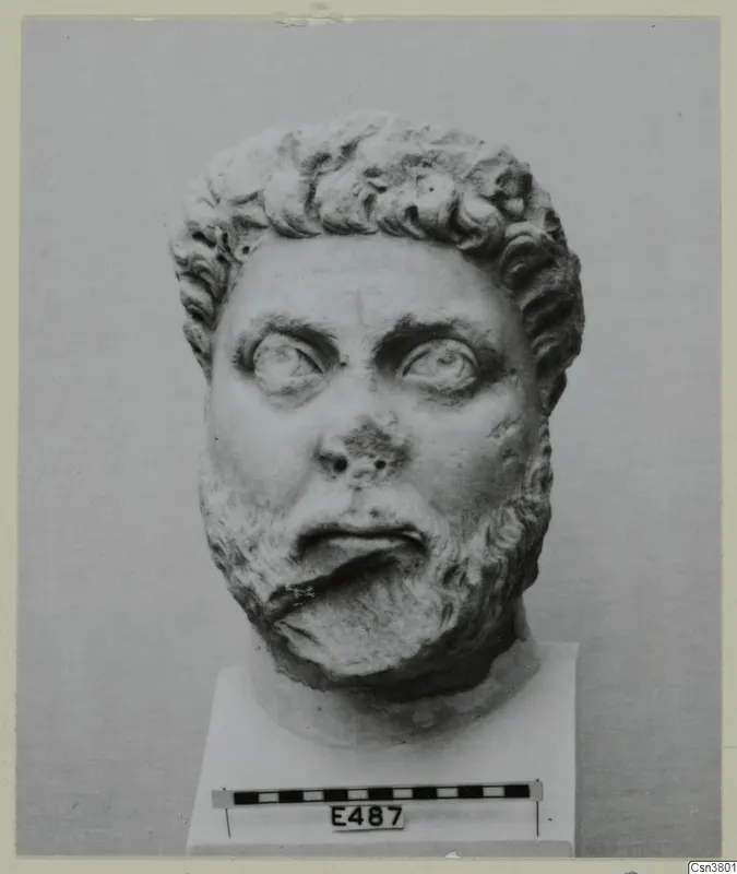 Marble head of a bearded man with curly hair, shown on a square base with a scale bar and number label.