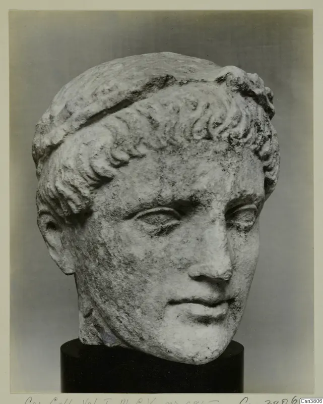 Stone head of a young man with short curled hair bound by a band, resting on a dark cylindrical base