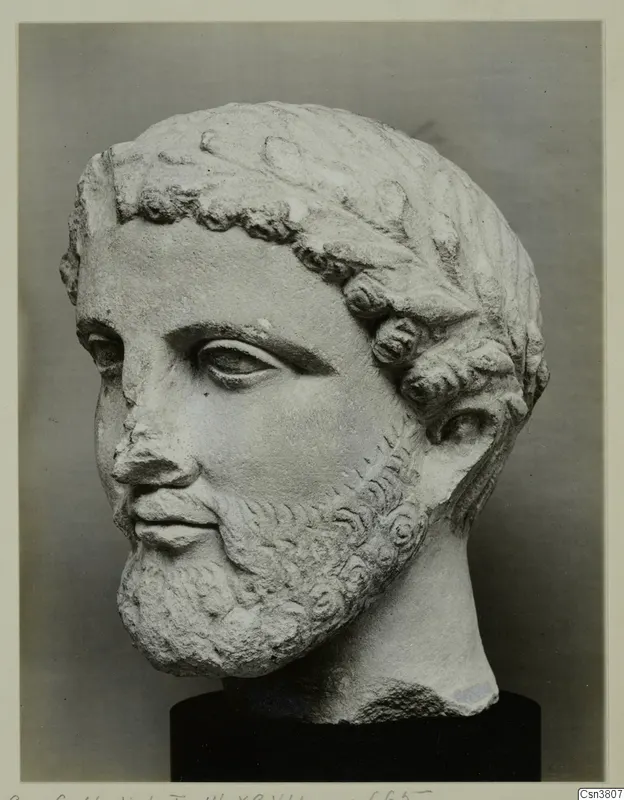 Carved stone head of a bearded man with curled hair, on a dark cylindrical base; the nose is chipped.