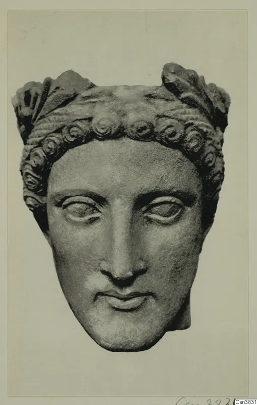Head of a youth in stone, with curled hair and a leafy headband, face turned towards the viewer