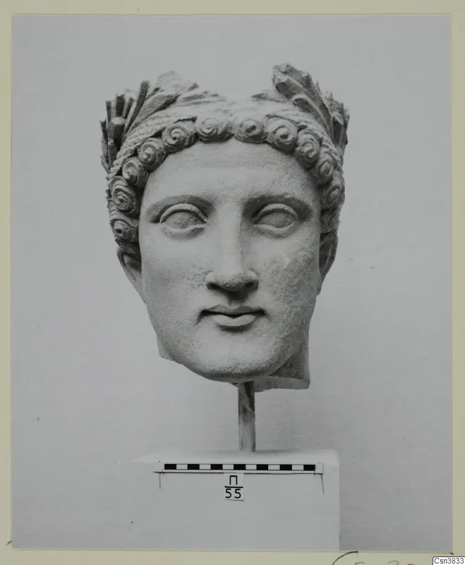 Carved stone head with curled hair and a leafy wreath, mounted on a rod above a plinth with a scale bar.