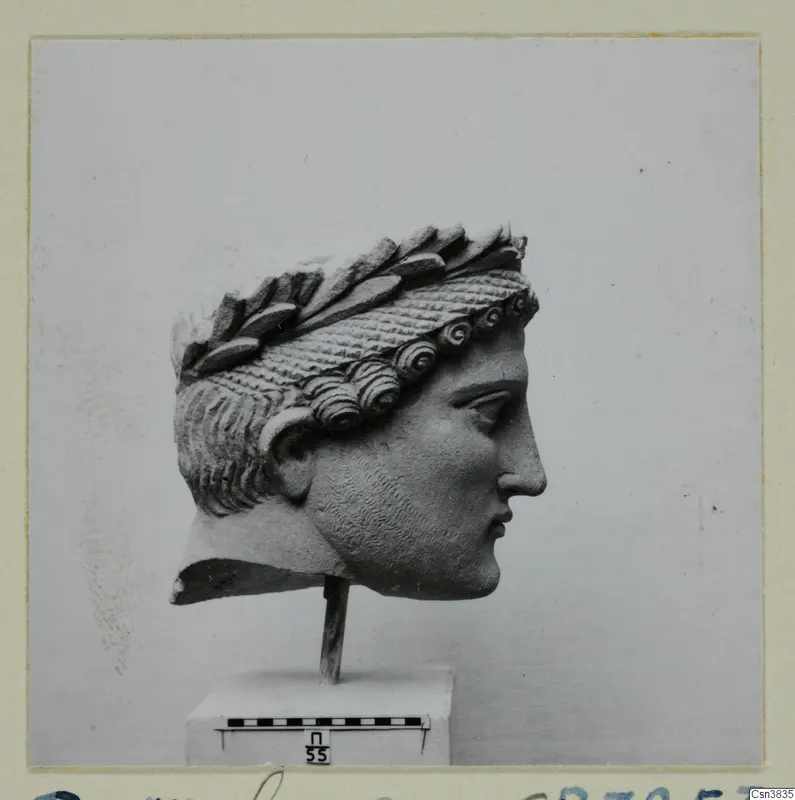 Stone head in profile facing right, with a wreath of leaves and curled hair, on a stand