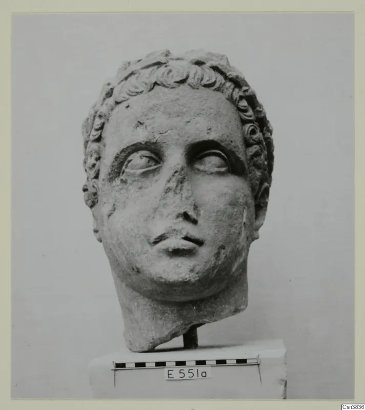 Stone head with short curled hair, shown on a plinth beside a scale bar