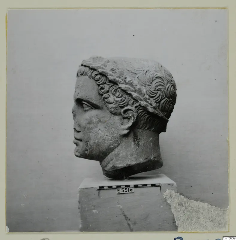 Carved stone head in left-facing profile with curled hair, set on a plinth with a scale bar.