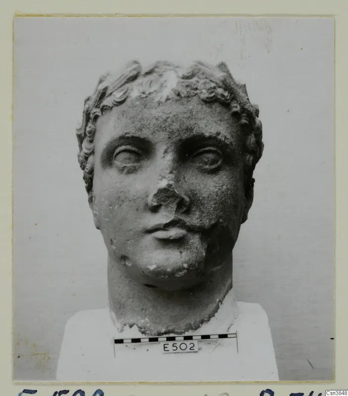 Stone head of a figure with curled hair and a broken nose, photographed from the front