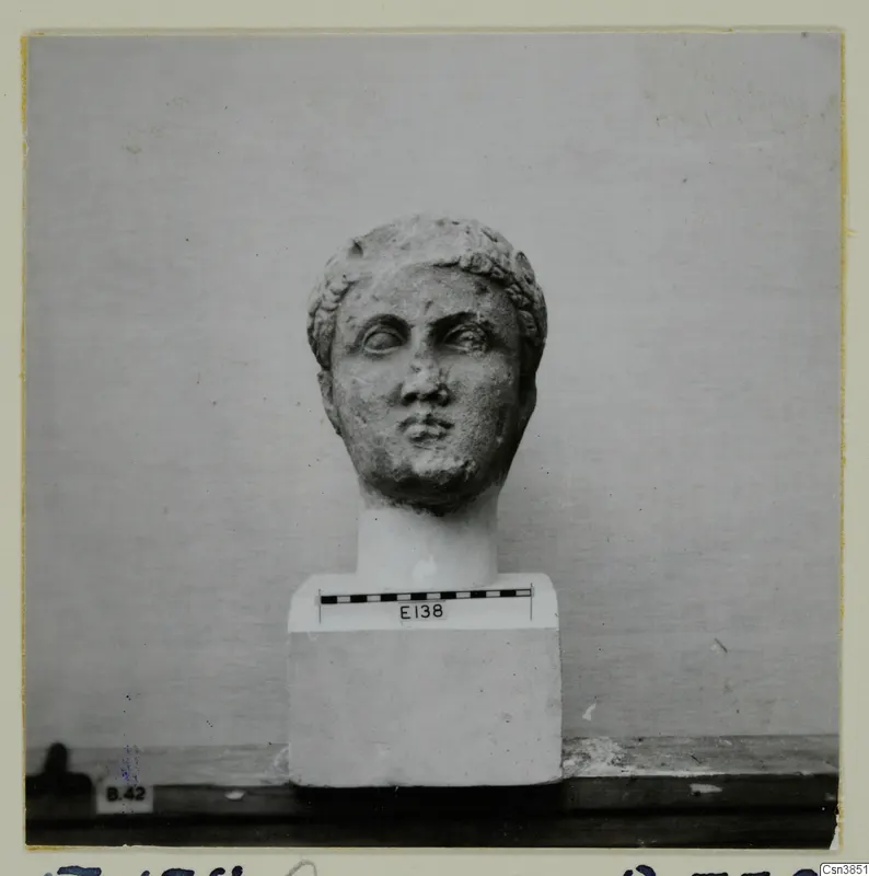 Stone head of a figure with curled hair, set on a square white plinth with a scale bar beside it.