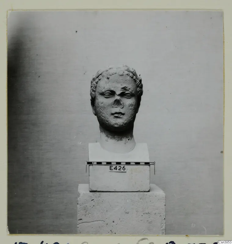 Stone head of a figure with curled hair and a broken nose, mounted on a square base in front of a plain backdrop.