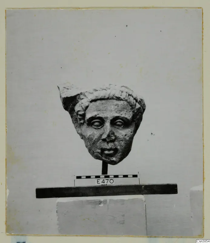 Carved stone head with curly hair band and wide eyes, shown on a wooden stand beside a scale bar and number label