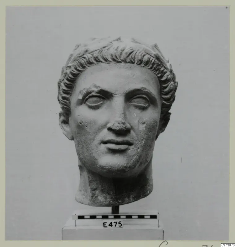 Stone head with short curled hair and a band across the top, mounted on a stand above a scale bar.