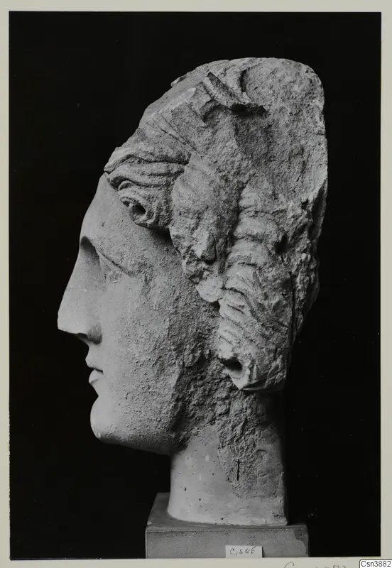 Carved stone female head in profile, facing left, with a broken top and a wavy hairstyle.