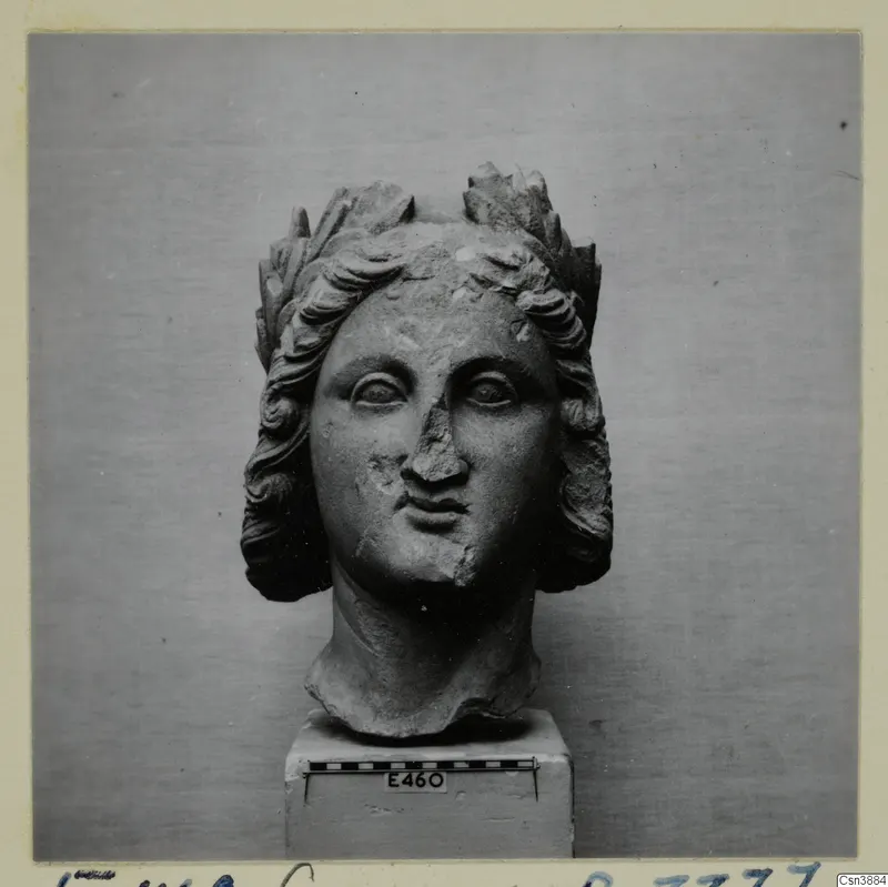 Carved stone head from Enkomi with curled hair and a leafy headdress, set on a block base