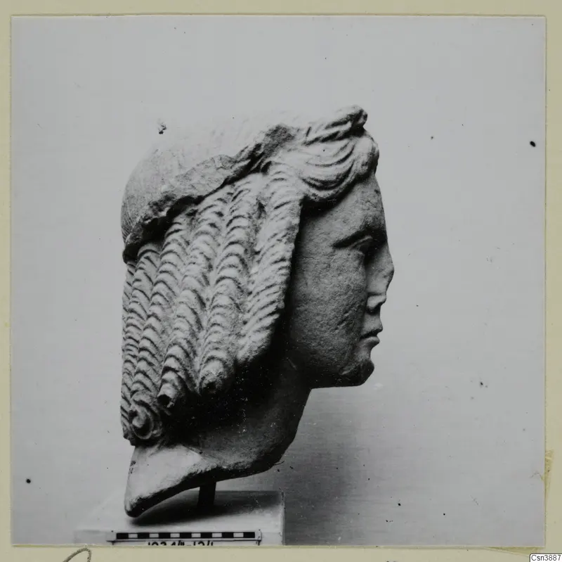 Stone head in profile facing right, with rows of wavy hair falling behind and a band across the crown