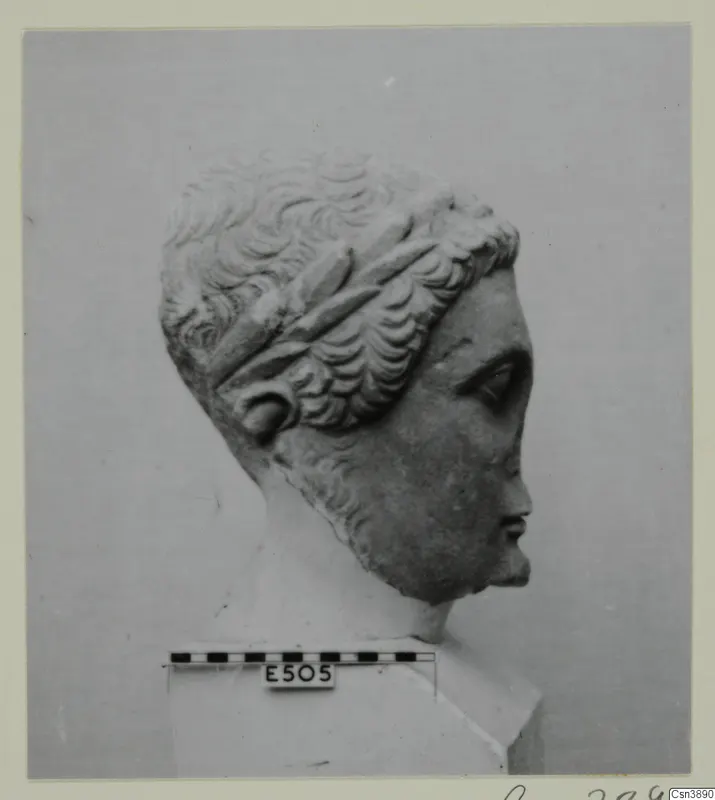 Stone head with curly hair and a wreath across the crown, shown in right profile against a grey backdrop