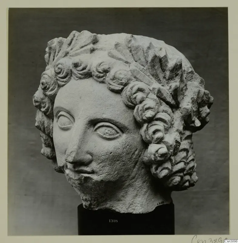 Marble head of a youth with curled hair, photographed on a black stand against a grey backdrop.