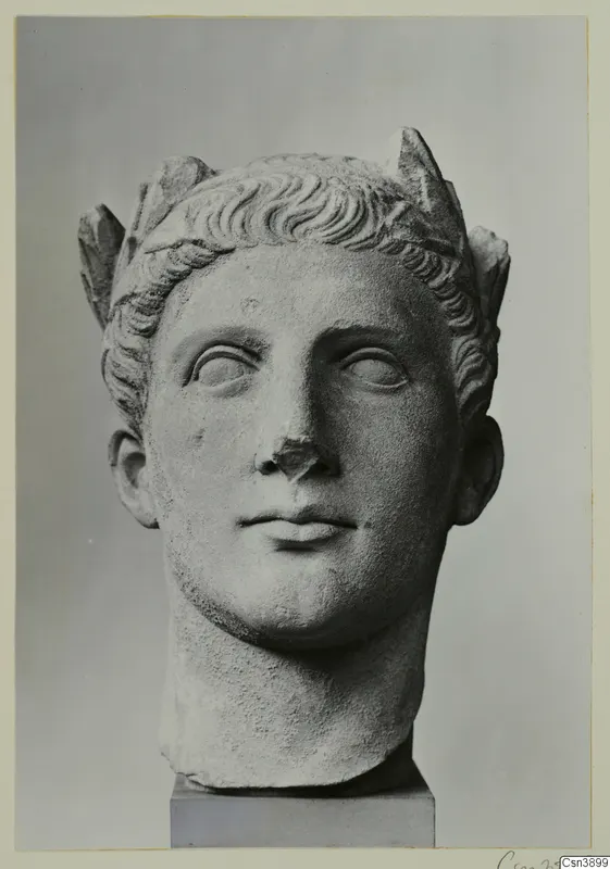 Carved stone head of a figure with curled hair and a leafy headdress, mounted on a square base.