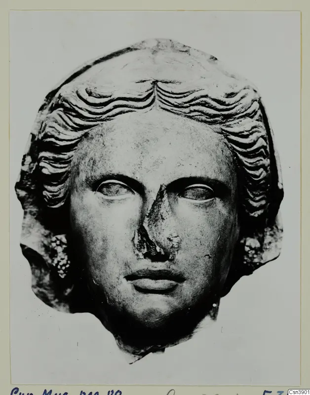 Head of a female sculpture in stone with wavy hair, the nose broken away, shown against a light background.