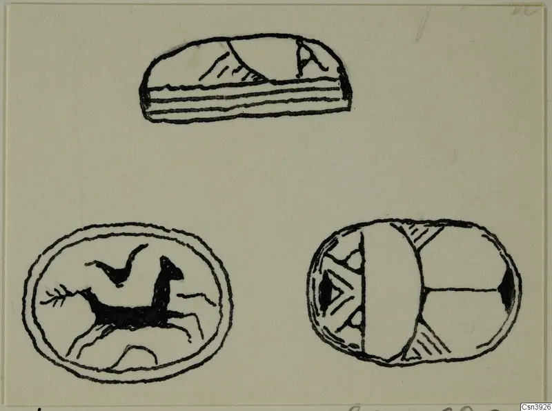 Ink drawing of three seals or gems: one shows a running animal, the others have geometric patterns.